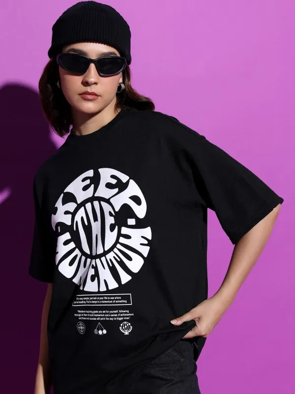  Tokyo Talkies Women Black Printed Round Neck T-Shirts