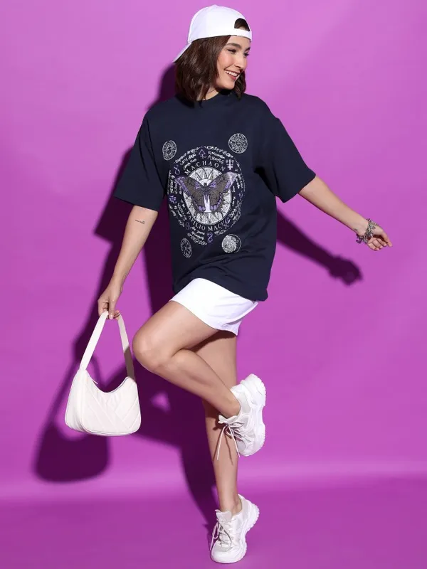  Tokyo Talkies Women Navy Blue Printed Round Neck T-Shirts
