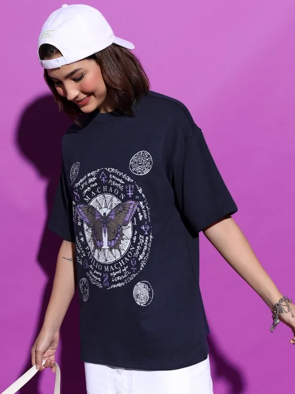  Tokyo Talkies Women Navy Blue Printed Round Neck T-Shirts