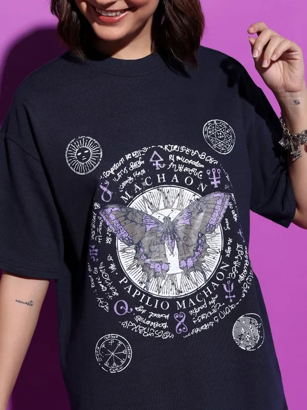  Tokyo Talkies Women Navy Blue Printed Round Neck T-Shirts