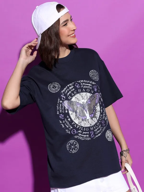  Tokyo Talkies Women Navy Blue Printed Round Neck T-Shirts