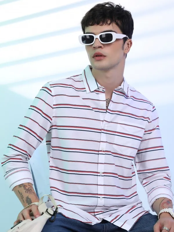  Ketch Men White Striped Slim Fit Casual Shirts