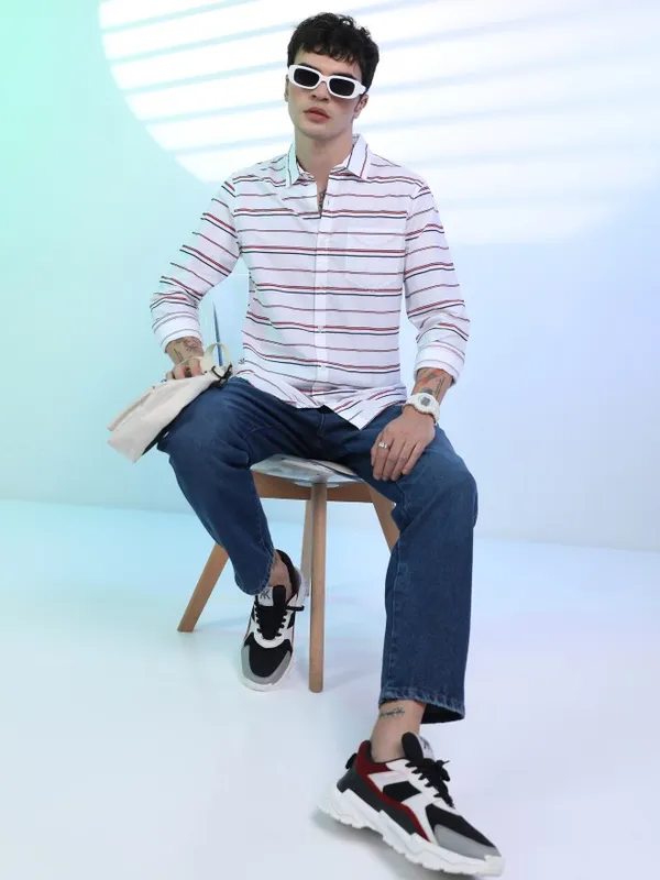  Ketch Men White Striped Slim Fit Casual Shirts