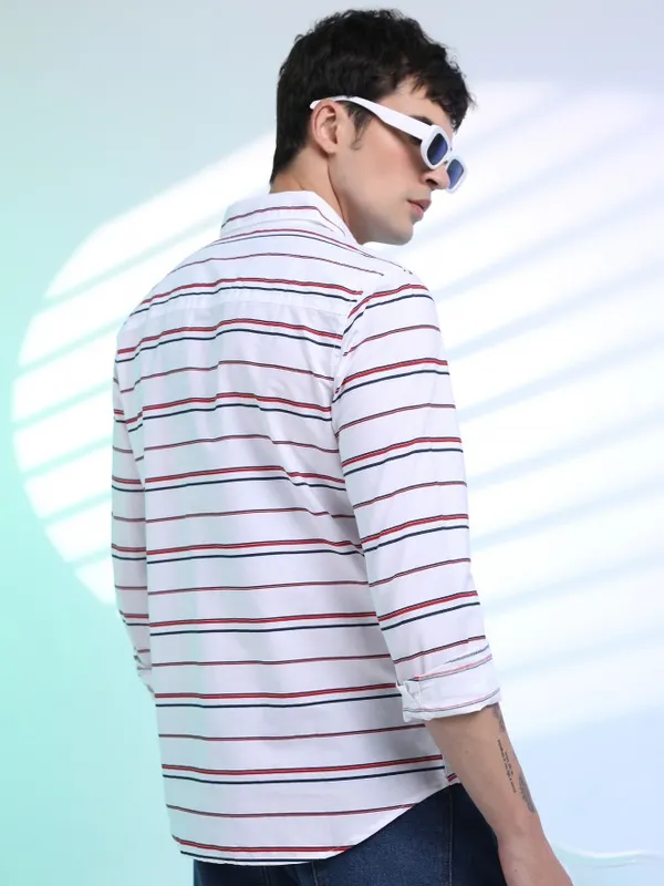  Ketch Men White Striped Slim Fit Casual Shirts