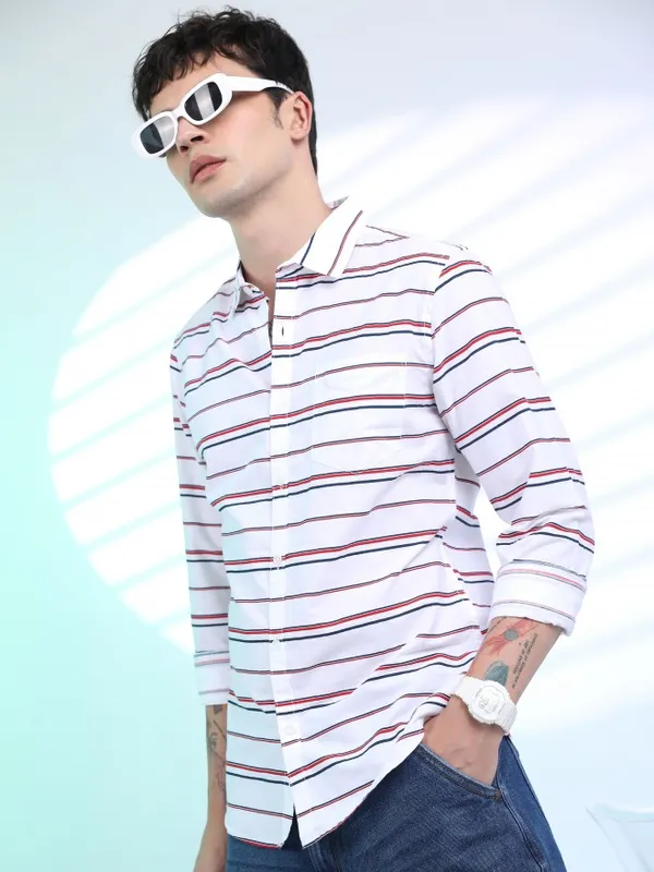  Ketch Men White Striped Slim Fit Casual Shirts