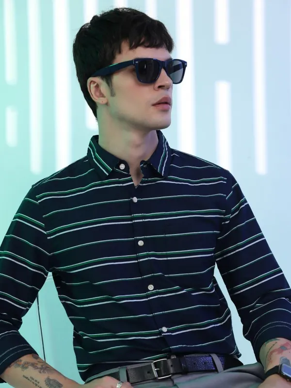  Ketch Men Navy Blue Striped Slim Fit Casual Shirts
