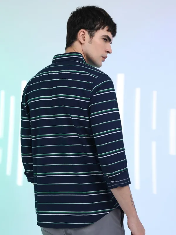  Ketch Men Navy Blue Striped Slim Fit Casual Shirts