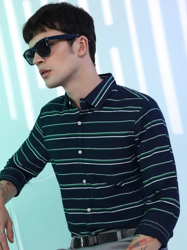  Ketch Men Navy Blue Striped Slim Fit Casual Shirts