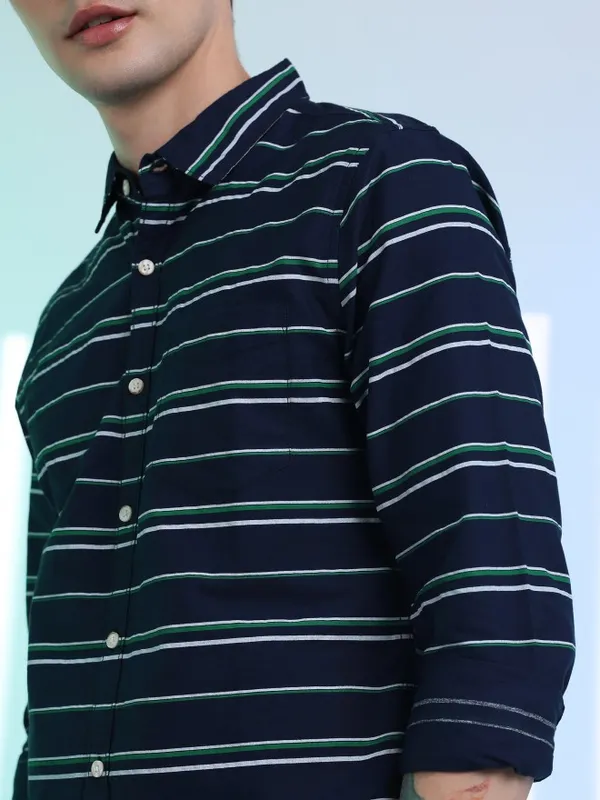  Ketch Men Navy Blue Striped Slim Fit Casual Shirts