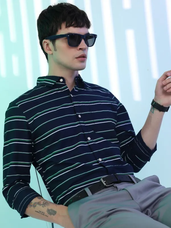  Ketch Men Navy Blue Striped Slim Fit Casual Shirts