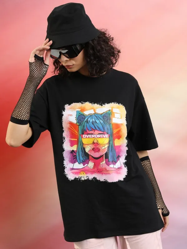  Tokyo Talkies Women Black Printed Round Neck T-Shirts