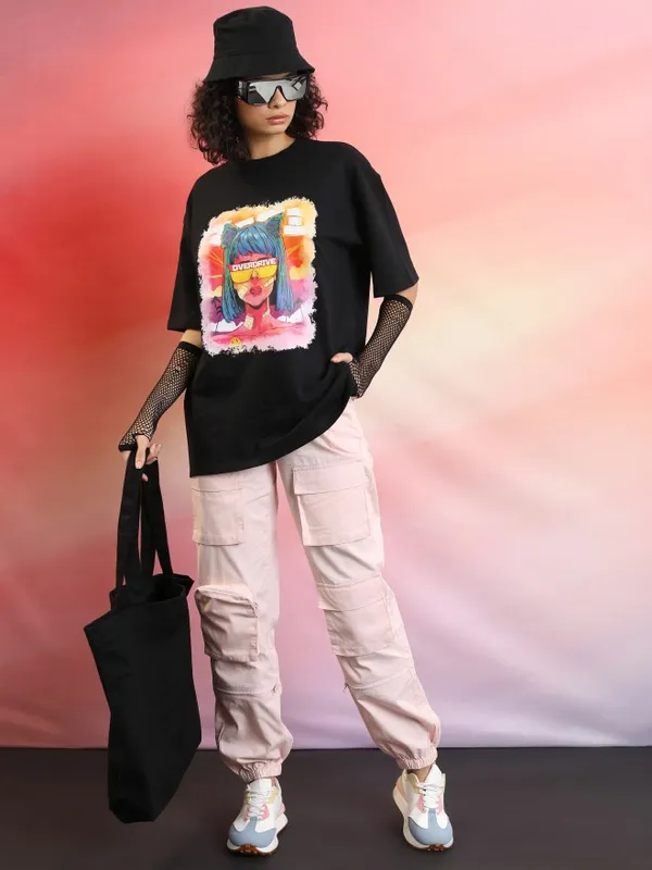  Tokyo Talkies Women Black Printed Round Neck T-Shirts