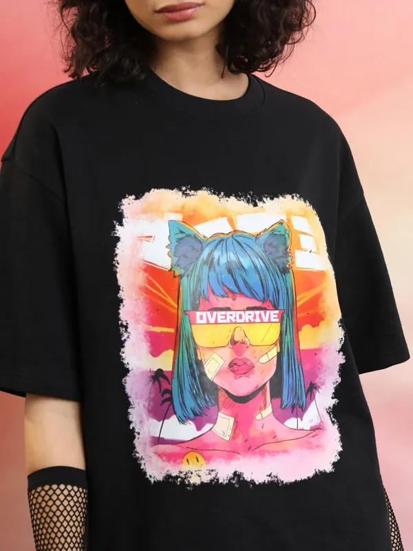  Tokyo Talkies Women Black Printed Round Neck T-Shirts