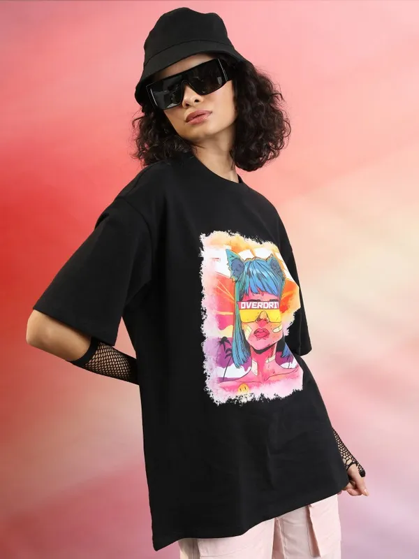  Tokyo Talkies Women Black Printed Round Neck T-Shirts