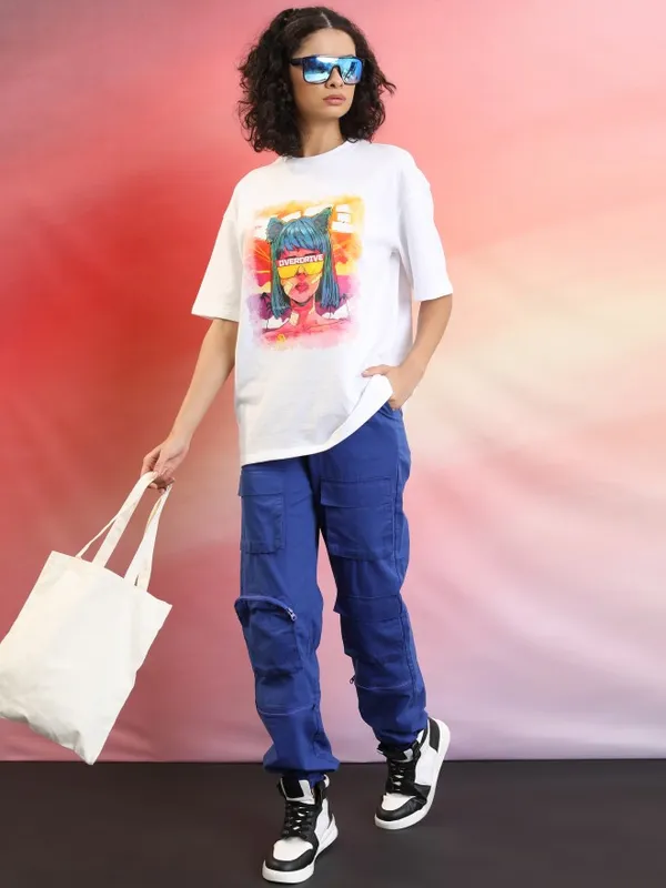 Tokyo Talkies Women White Printed Round Neck Oversized Fit T-Shirt