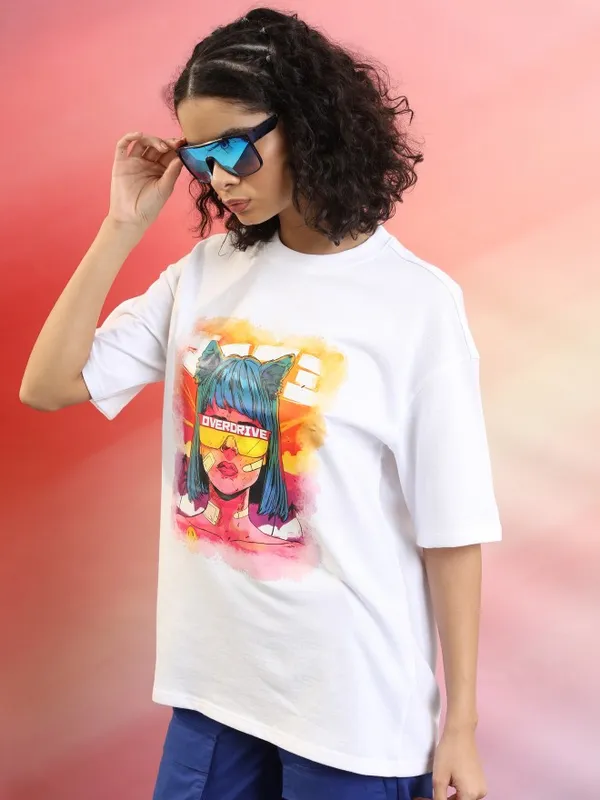 Tokyo Talkies Women White Printed Round Neck Oversized Fit T-Shirt