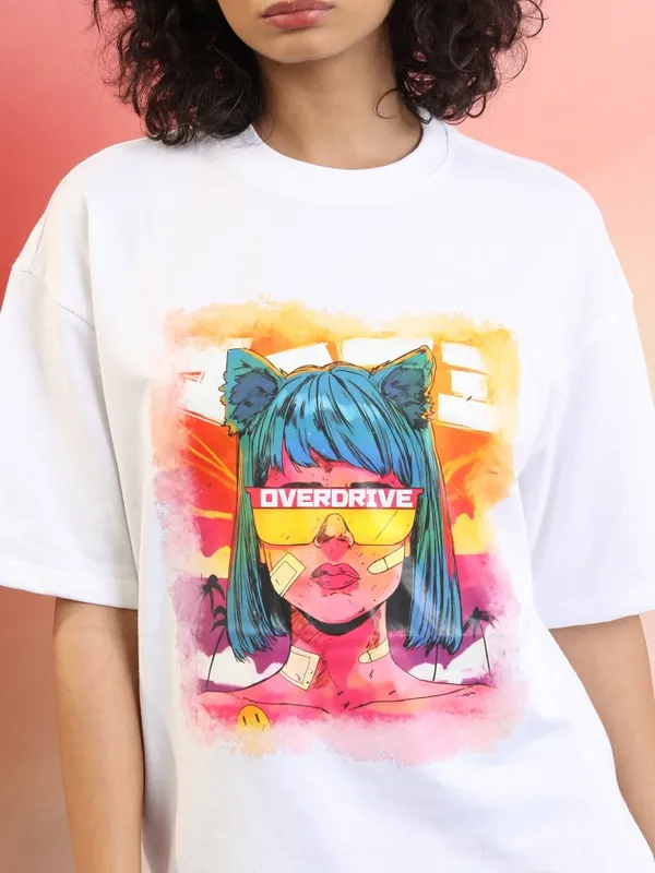 Tokyo Talkies Women White Printed Round Neck Oversized Fit T-Shirt