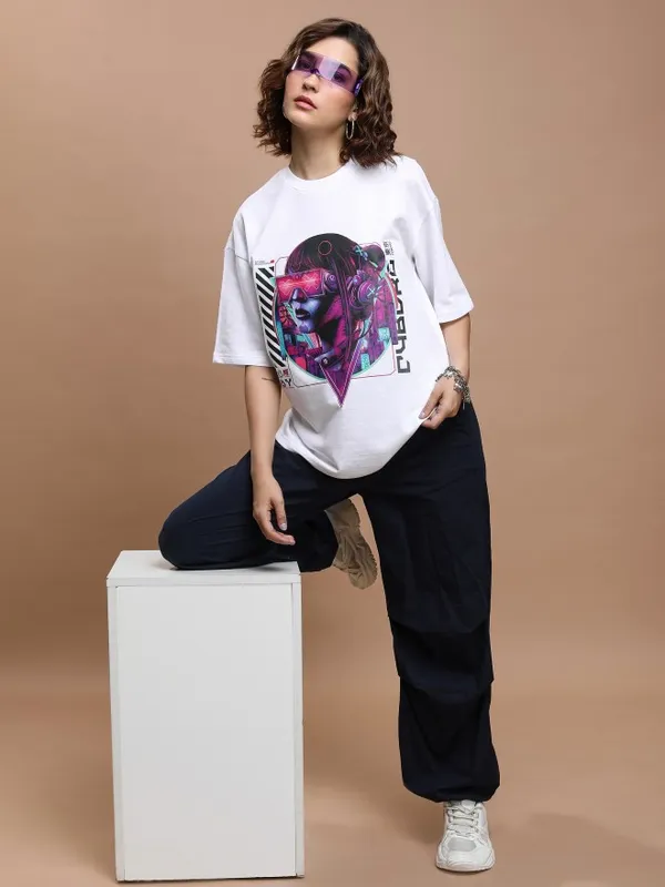 Tokyo Talkies Women White Printed Round Neck Oversized Fit T-Shirt