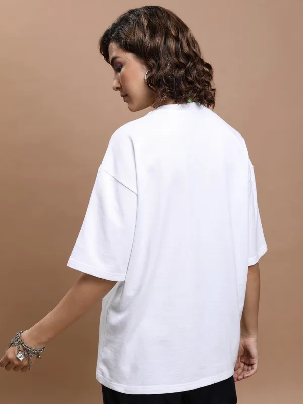 Tokyo Talkies Women White Printed Round Neck Oversized Fit T-Shirt