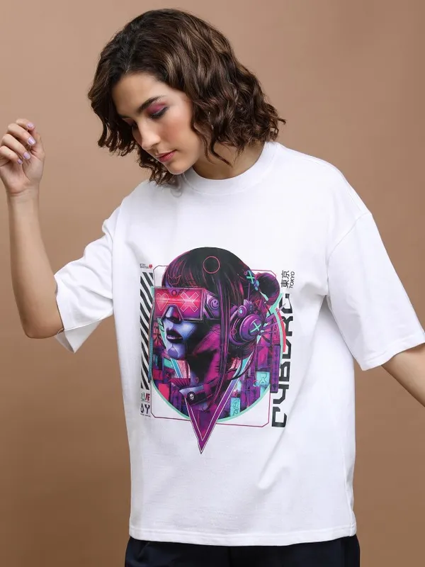 Tokyo Talkies Women White Printed Round Neck Oversized Fit T-Shirt