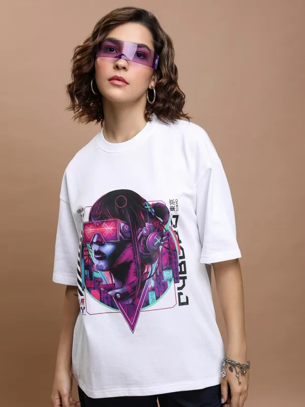 Tokyo Talkies Women White Printed Round Neck Oversized Fit T-Shirt