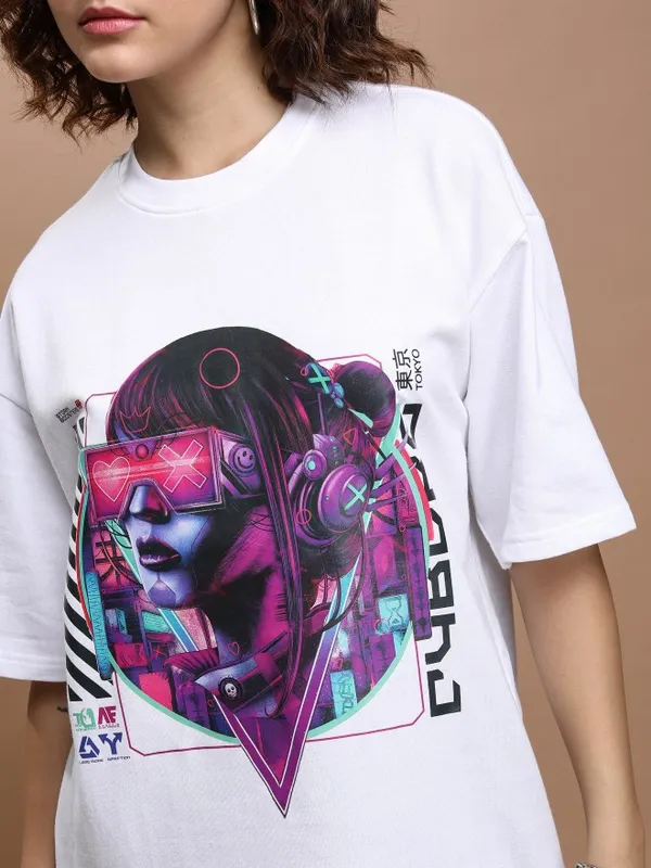 Tokyo Talkies Women White Printed Round Neck Oversized Fit T-Shirt