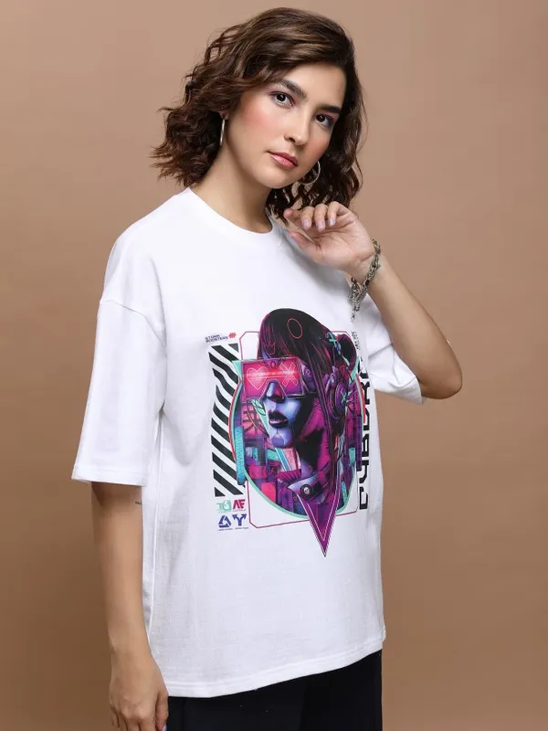 Tokyo Talkies Women White Printed Round Neck Oversized Fit T-Shirt