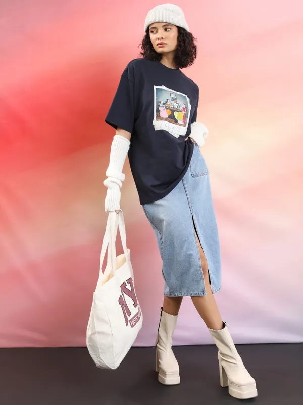 Tokyo Talkies Women Navy Blue Printed Round Neck Oversized Fit T-Shirt