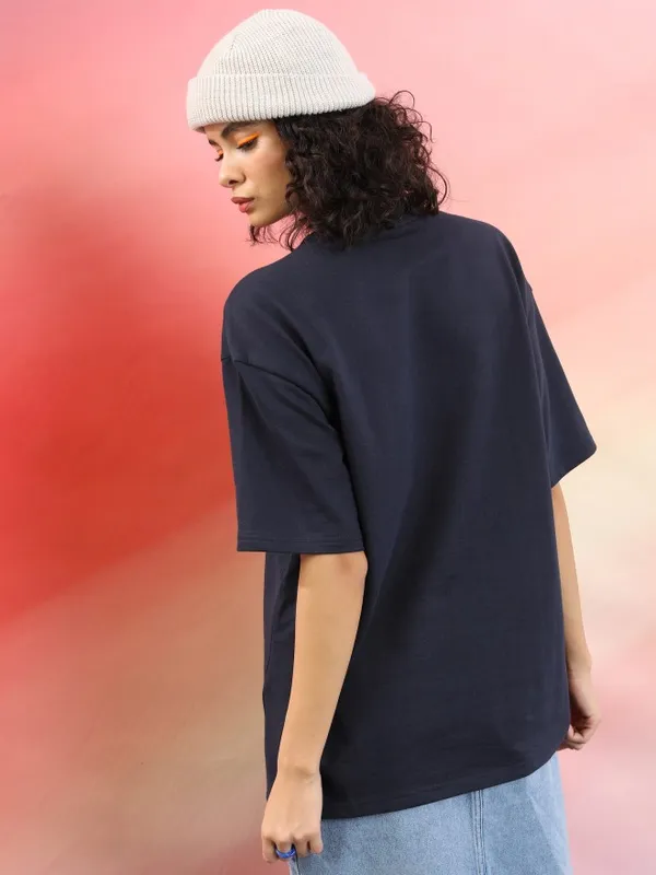 Tokyo Talkies Women Navy Blue Printed Round Neck Oversized Fit T-Shirt