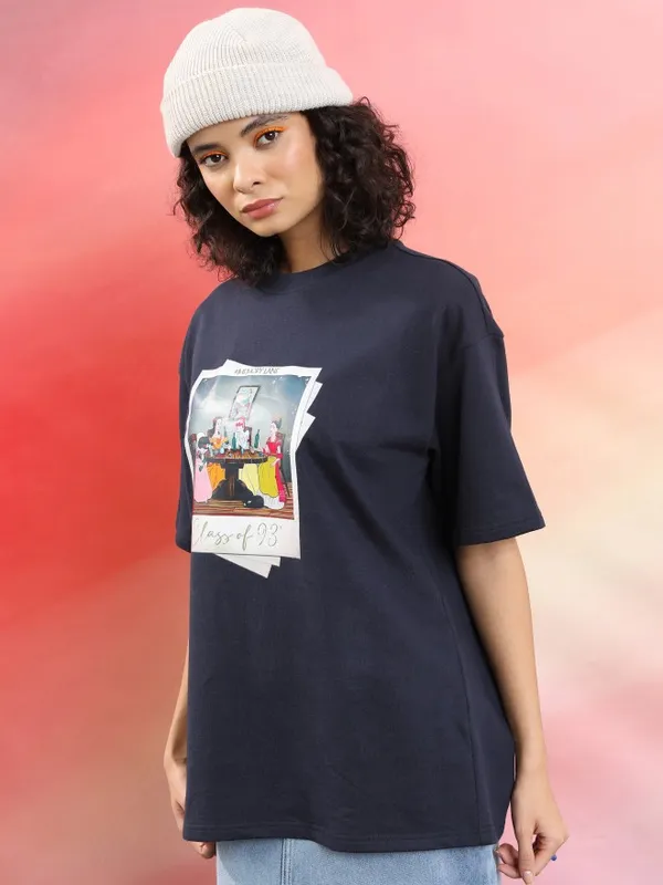 Tokyo Talkies Women Navy Blue Printed Round Neck Oversized Fit T-Shirt