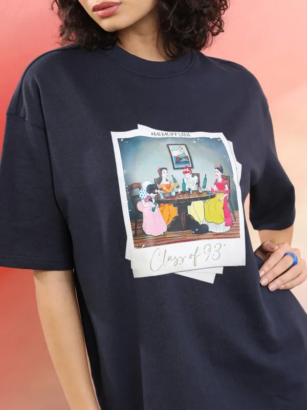 Tokyo Talkies Women Navy Blue Printed Round Neck Oversized Fit T-Shirt