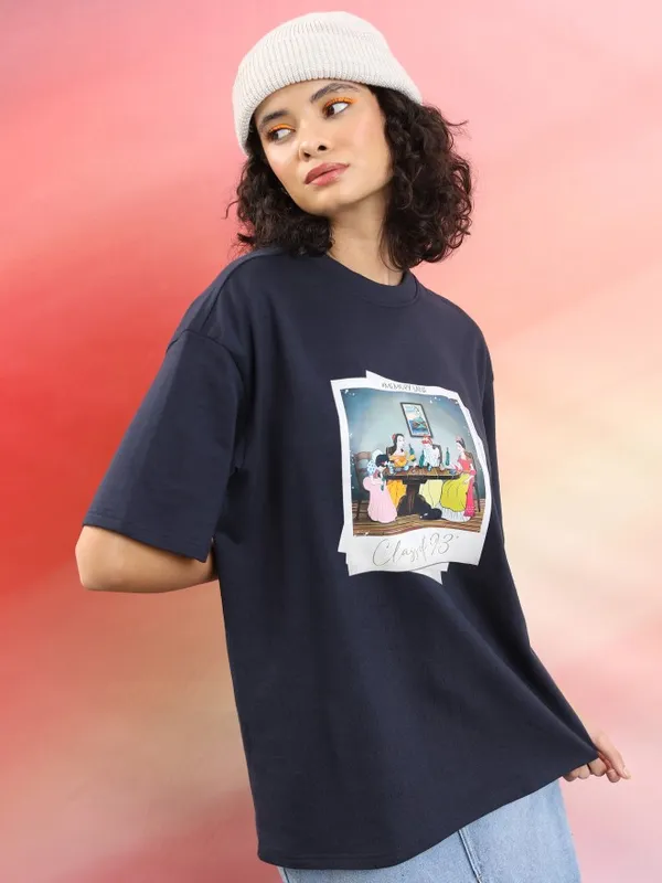 Tokyo Talkies Women Navy Blue Printed Round Neck Oversized Fit T-Shirt