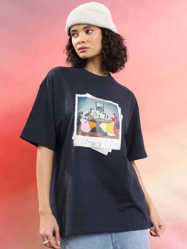  Tokyo Talkies Women Navy Blue Printed Round Neck T-Shirts