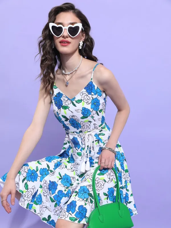 Tokyo Talkies Women Blue Printed A-Line Dress