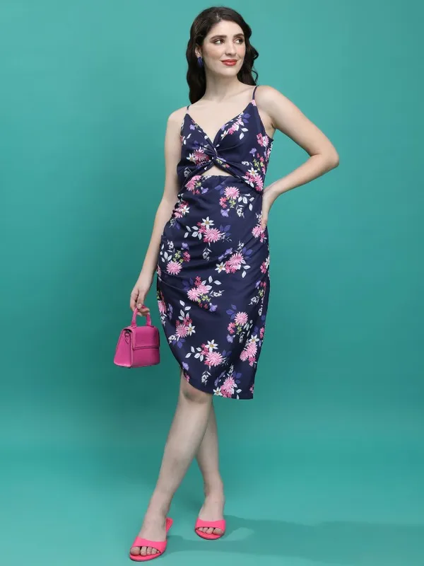 Tokyo Talkies Women Blue Printed Fit And Flare Dress