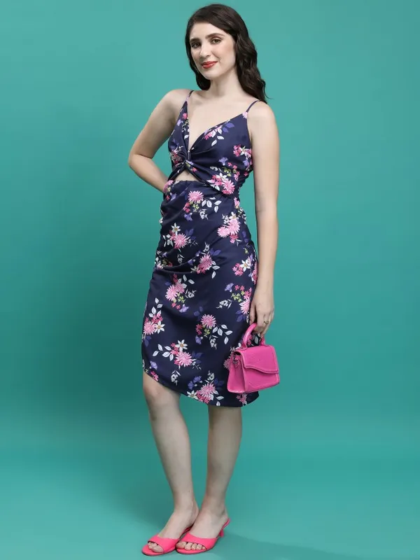 Tokyo Talkies Women Blue Printed Fit And Flare Dress