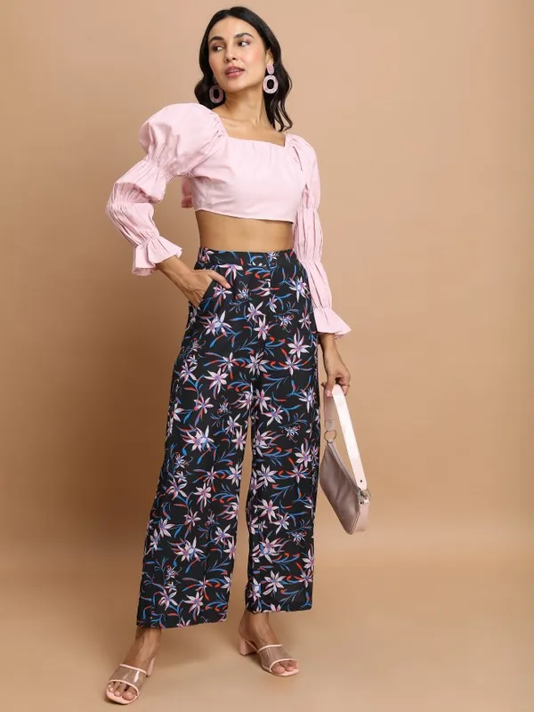 Ketch Women Black Printed Flared Casual Trousers