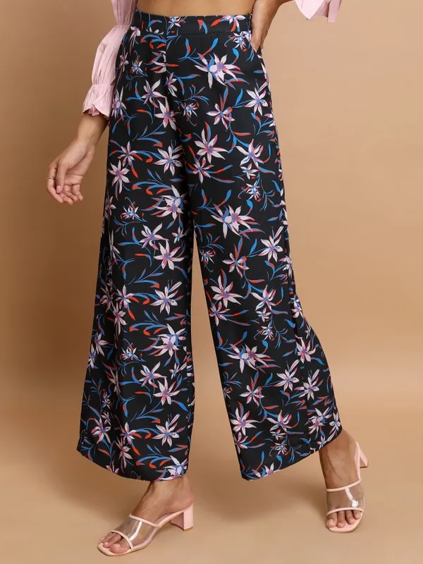  Ketch Women Black Printed Flared Casual Trousers