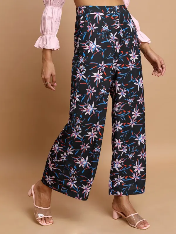  Ketch Women Black Printed Flared Casual Trousers