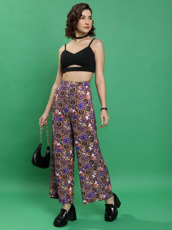  Ketch Women Brown Printed Flared Casual Trousers