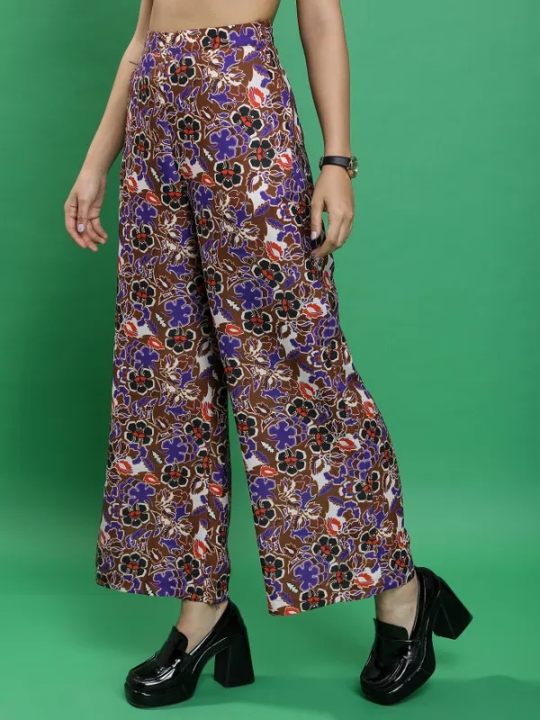  Ketch Women Brown Printed Flared Casual Trousers