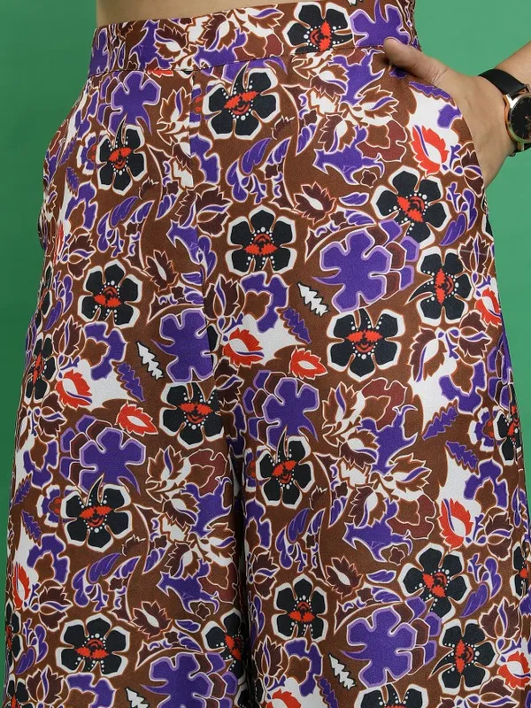  Ketch Women Brown Printed Flared Casual Trousers