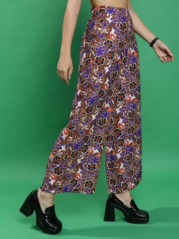  Ketch Women Brown Printed Flared Casual Trousers