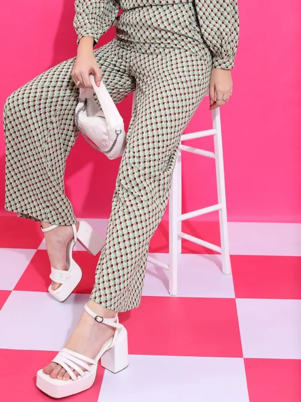  Ketch Women Green Printed Flared Casual Trousers