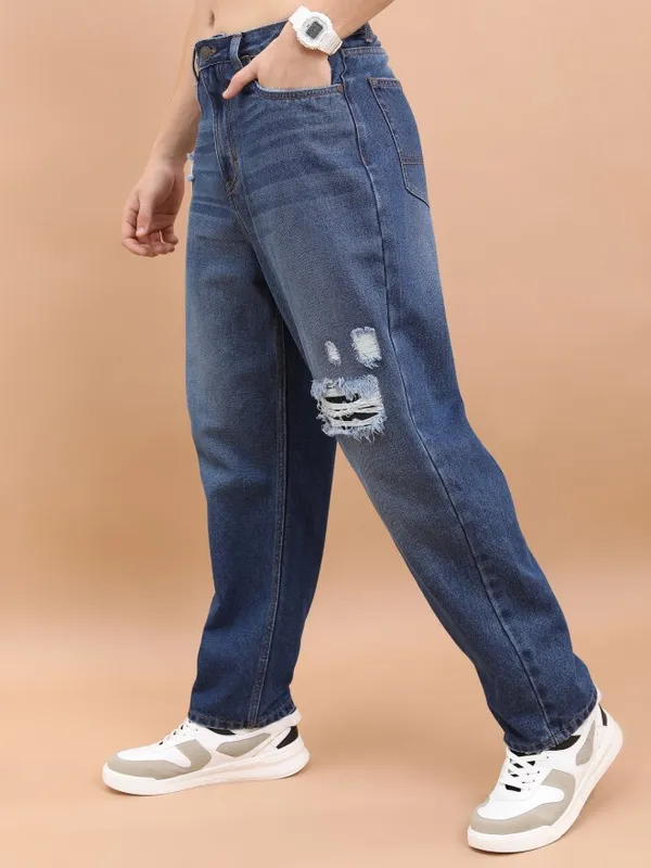 Highlander Men Blue Relaxed Fit Highly Distressed Jeans