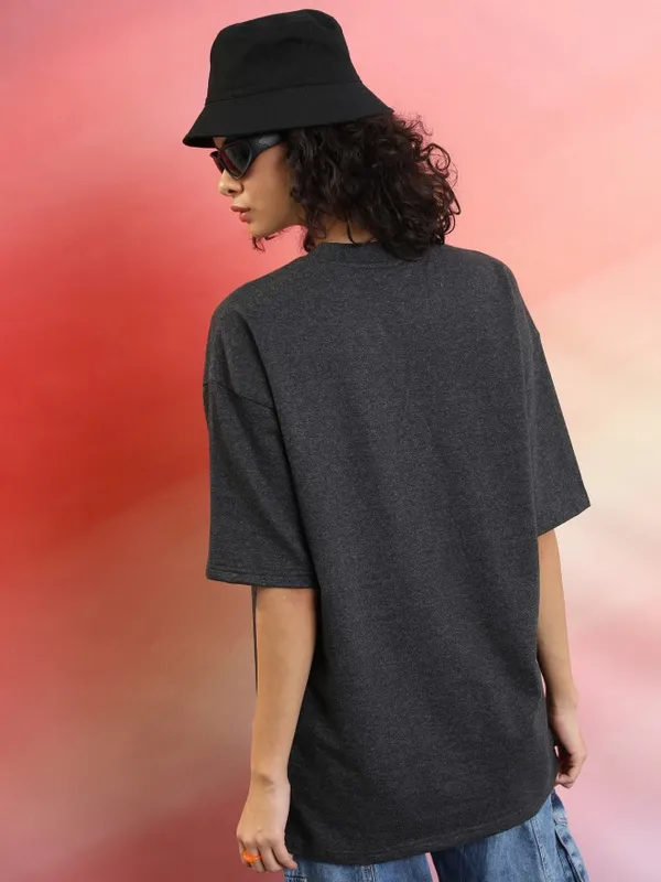 Tokyo Talkies Women Charcoal Printed Round Neck Oversized Fit T-Shirt