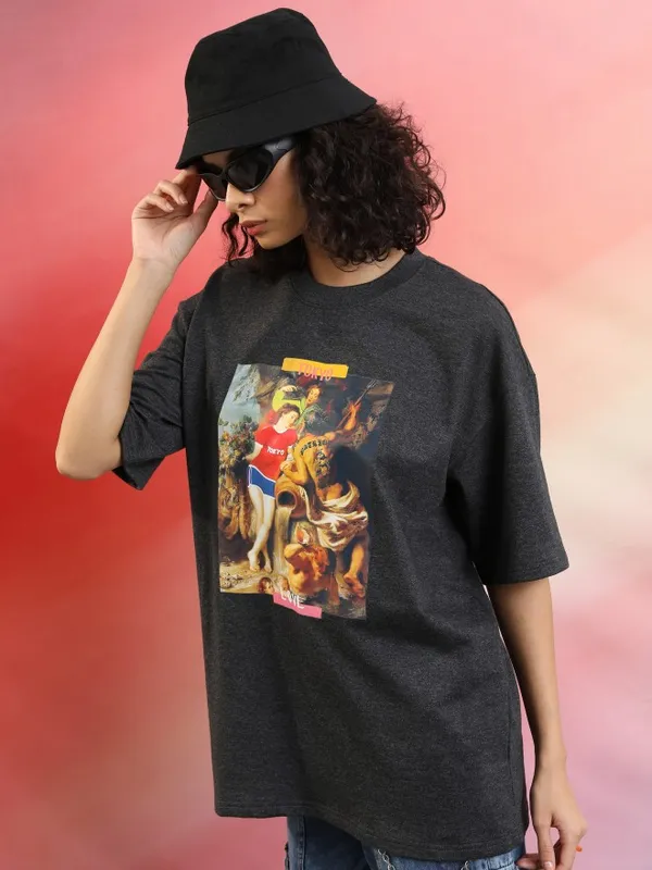 Tokyo Talkies Women Charcoal Printed Round Neck Oversized Fit T-Shirt