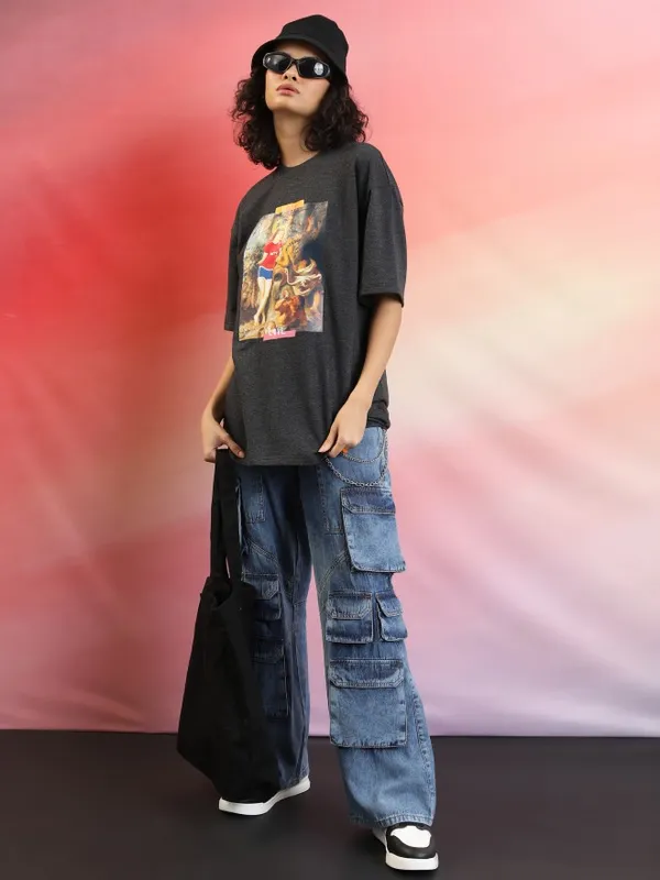 Tokyo Talkies Women Charcoal Printed Round Neck Oversized Fit T-Shirt