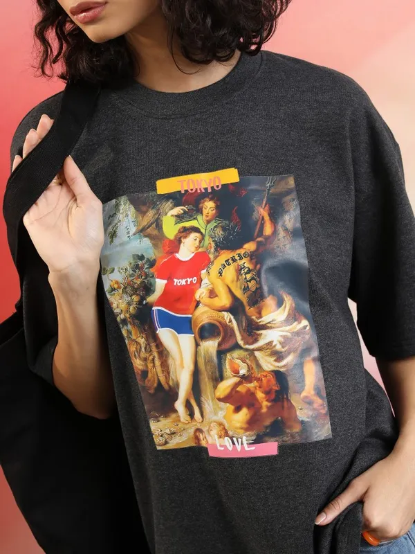 Tokyo Talkies Women Charcoal Printed Round Neck Oversized Fit T-Shirt