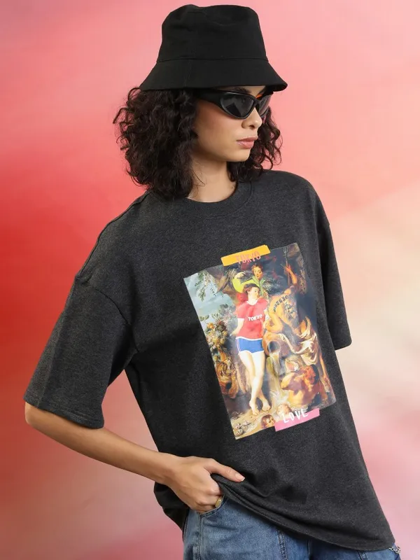 Tokyo Talkies Women Charcoal Printed Round Neck Oversized Fit T-Shirt
